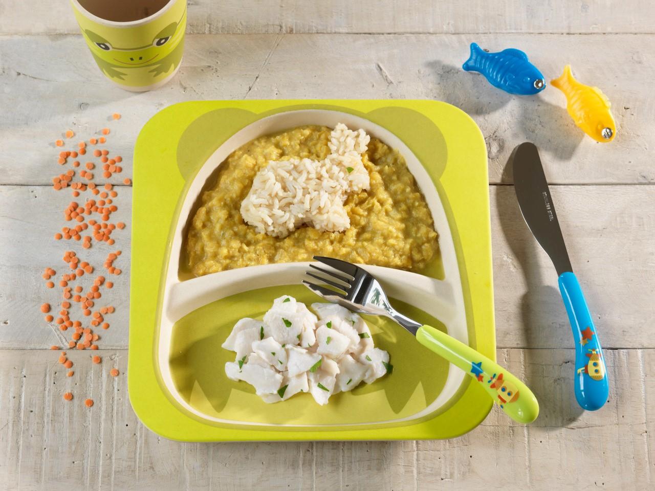 Duo de lentilles corail & riz aux épices, émietté de cabillaud Duo de lentilles corail & riz aux épices, émietté de cabillaud